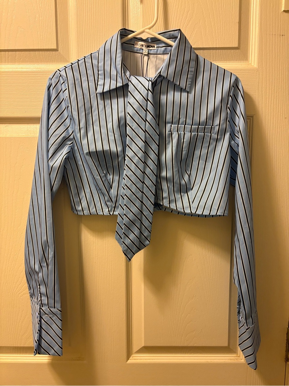 Fashion Nova Sky Blue Stripe Cropped Button-Up with Neck Tie